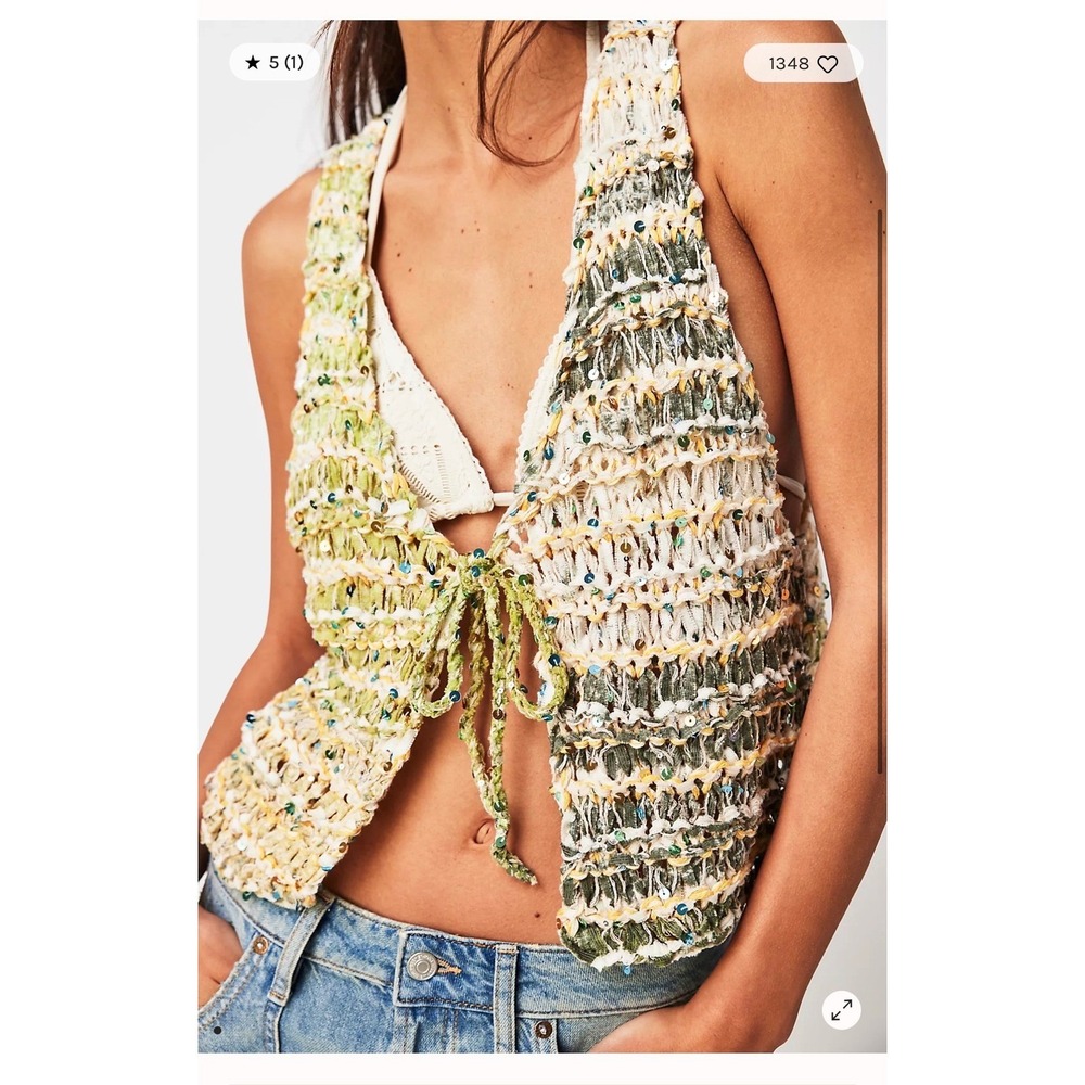 Free People Crochet Sequin Knit Vest Green Yellow Boho Large hippie festival